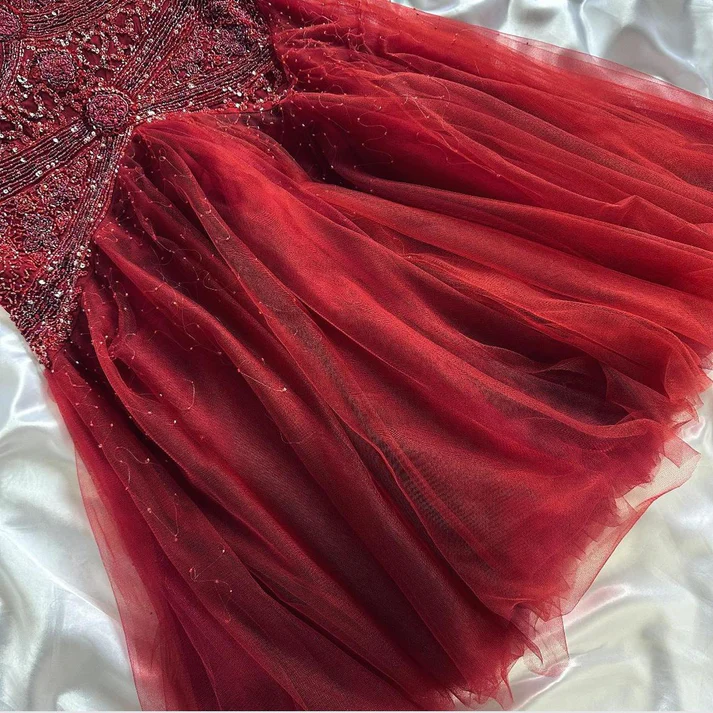 Gorgeous Red V NecK Tulle Sequin Beaded Mermaid Long Evening Dress Formal Birthday Party Dress