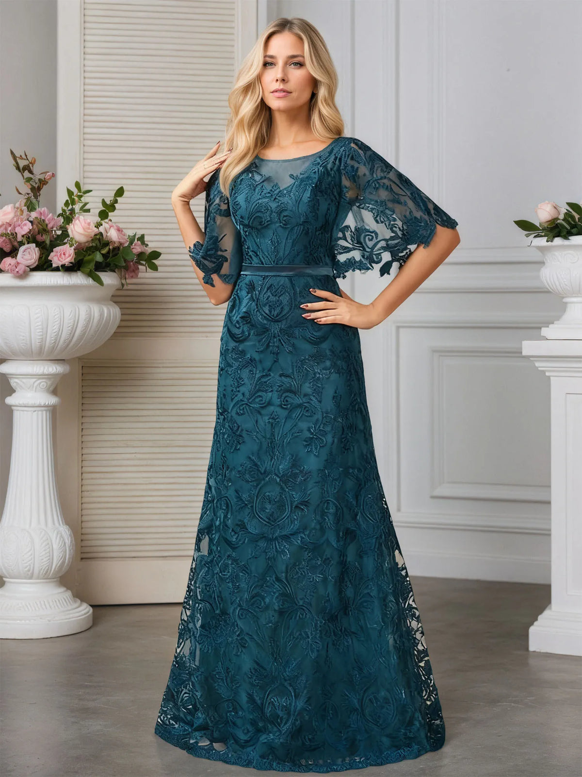 A-line Scoop Neck Floor-Length Lace Evening Dress With Appliques - View 5 | FashionDia