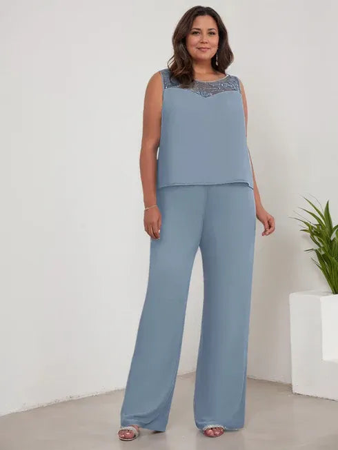 Chiffon Scoop Long Sleeves Mother Of The Bride Pantsuits With Jacket