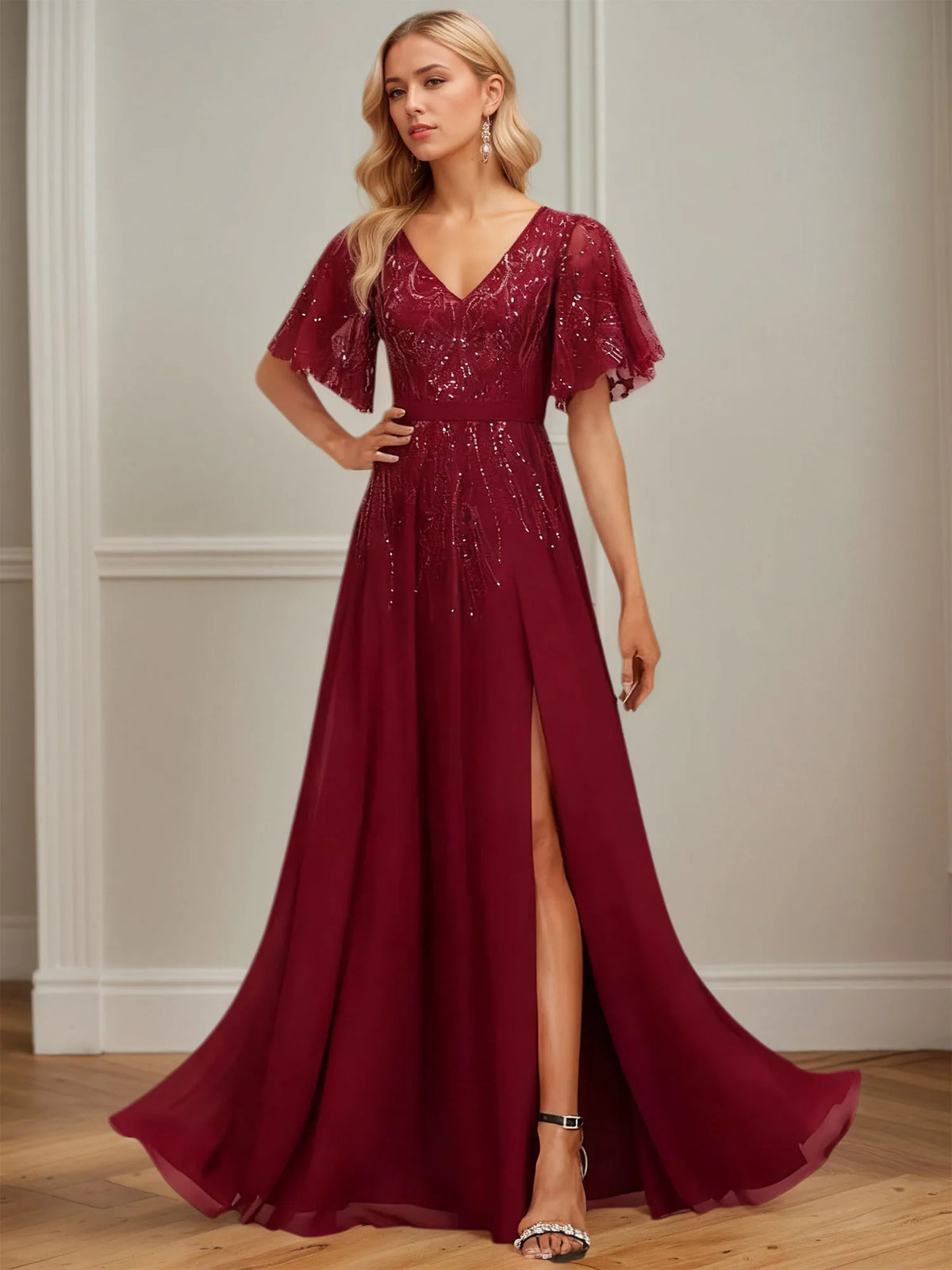 A-line V-Neck Floor-Length Lace Chiffon Evening Dress With Sequins - FashionDia