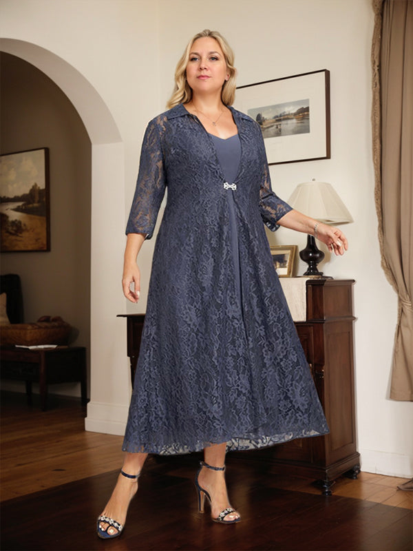 A-line V-Neck Tea-Length Chiffon Mother of the Bride Dress