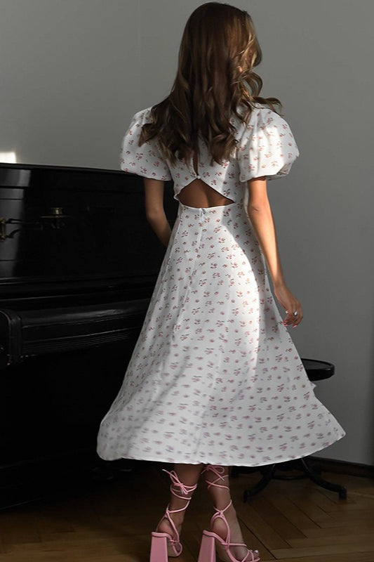 French Style Floral Puff Sleeve Work Dress - View 5 | VelvetHem