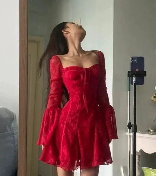 Sexy Red Lace Trumpet Sleeves Homecoming Dress Party Dress (ZD11382)