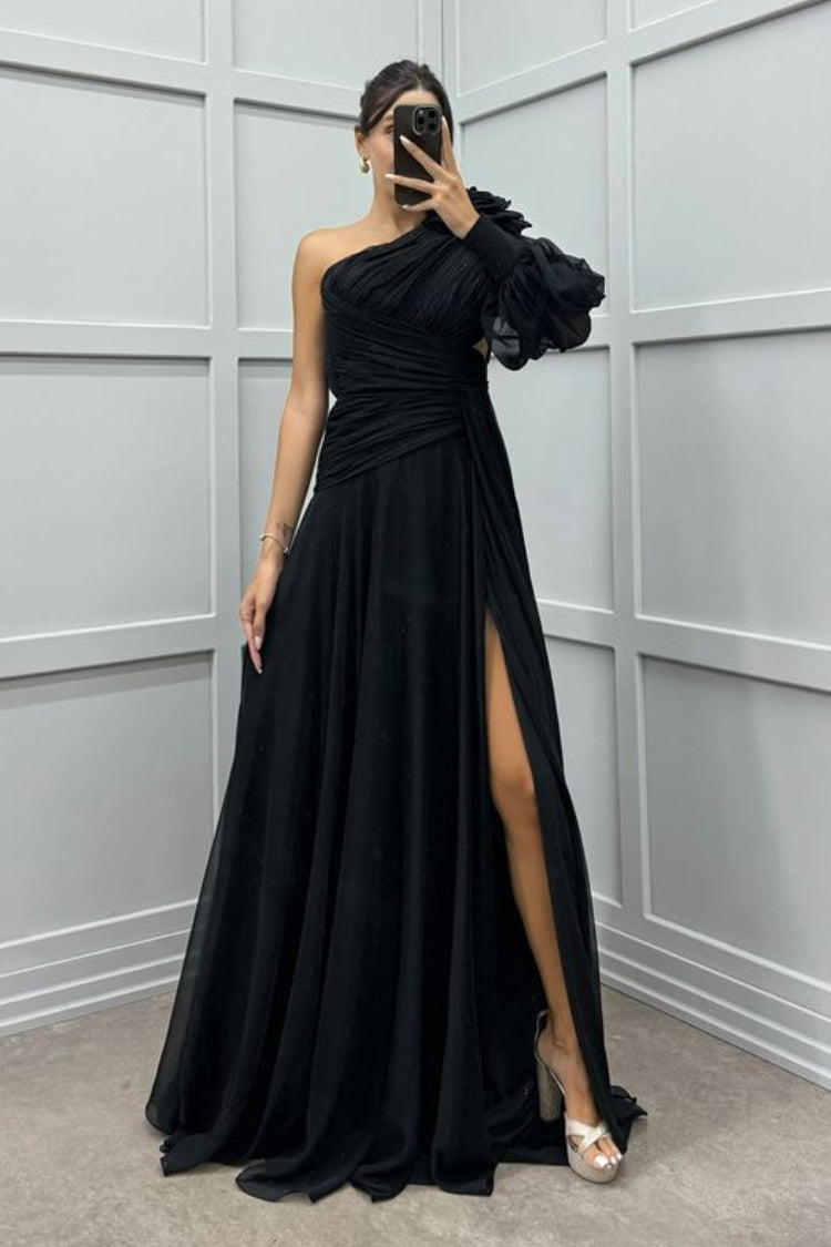 One Sleeve Shoulder Detail Design Evening Dress - View 4 | VelvetHem
