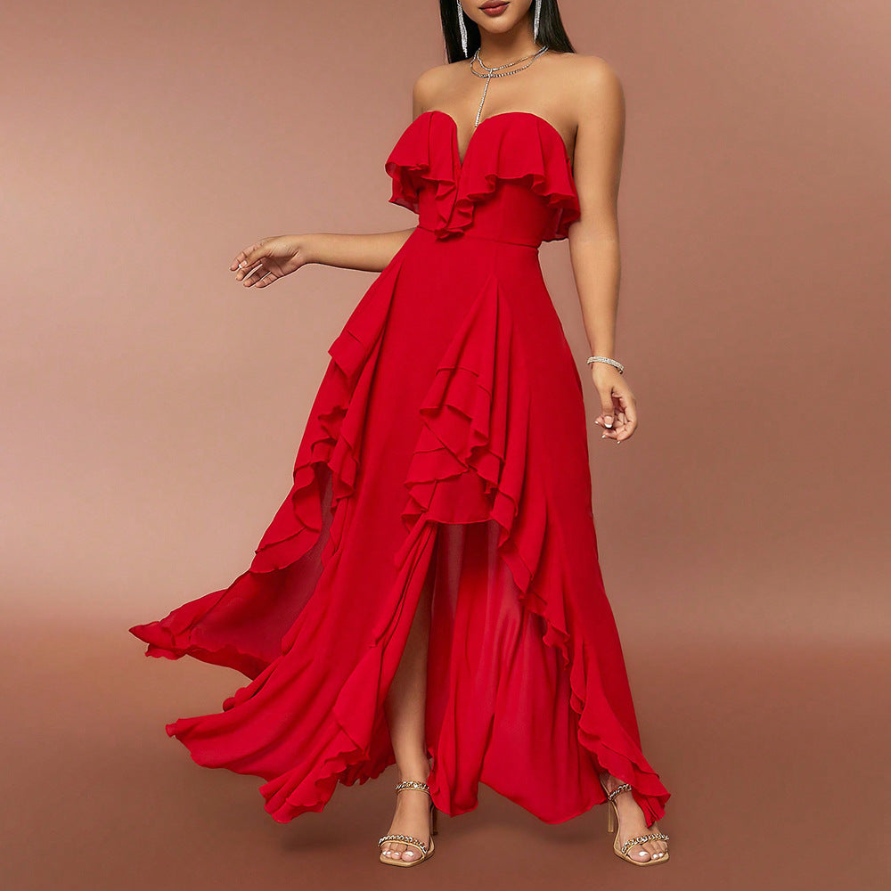 Spring Summer Women Clothing Fashionable Elegant Dress Tube Top V neck Flounce Backless Evening Dress - View 2 | VelvetHem