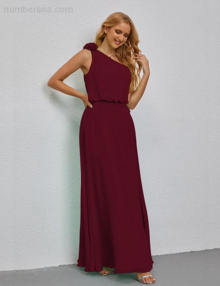 Ruffled One Shoulder Sleeveless Long Bridesmaid Dresses A-line Formal Evening Gown Side Split 28080 (ZD17018)
