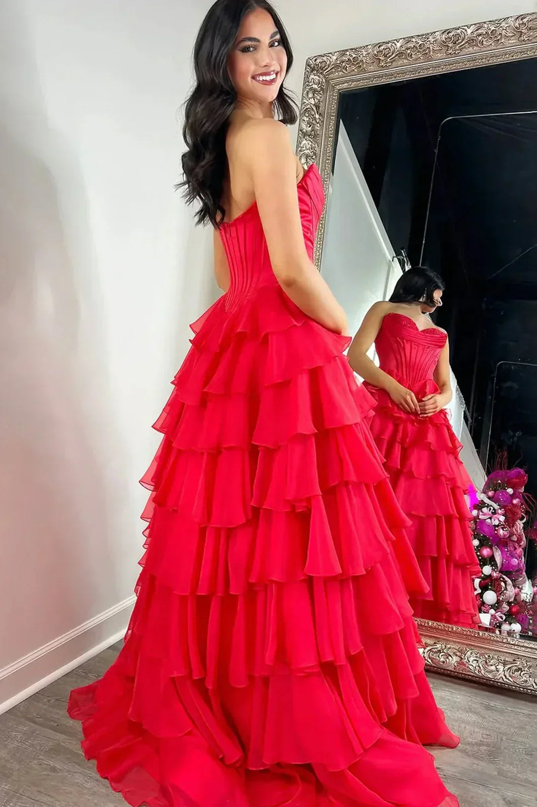 Stunning A-Line Sweetheart Satin Top Long Tiered Chiffon Prom Dress with Slit
