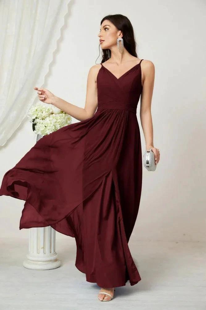 Numbersea Chiffon V-Neck Bridesmaid Dress Spaghetti Strap Long Formal Party Prom Gowns with Slit 28010 by numbersea