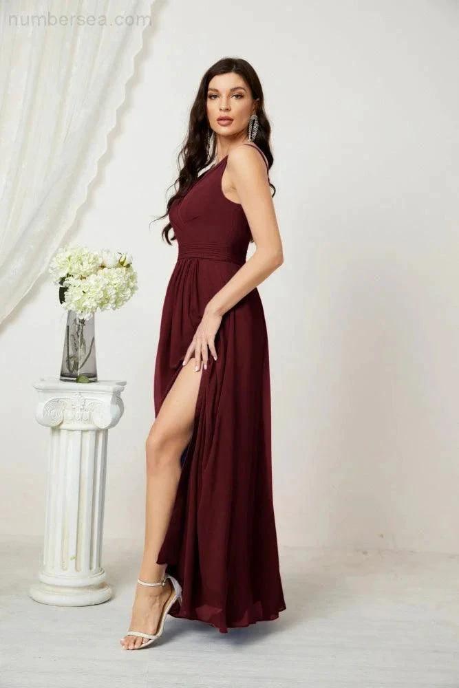 ZapDress Chiffon V-Neck Bridesmaid Dress Spaghetti Strap Long Formal Party Prom Gowns with Slit 28010 (ZD17028)