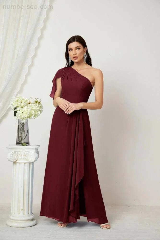 ZapDress  Chiffon Ruffled One Shoulder Long Bridesmaid Dresses A-line Formal Evening Gown Side Split 2809 (ZD17049)