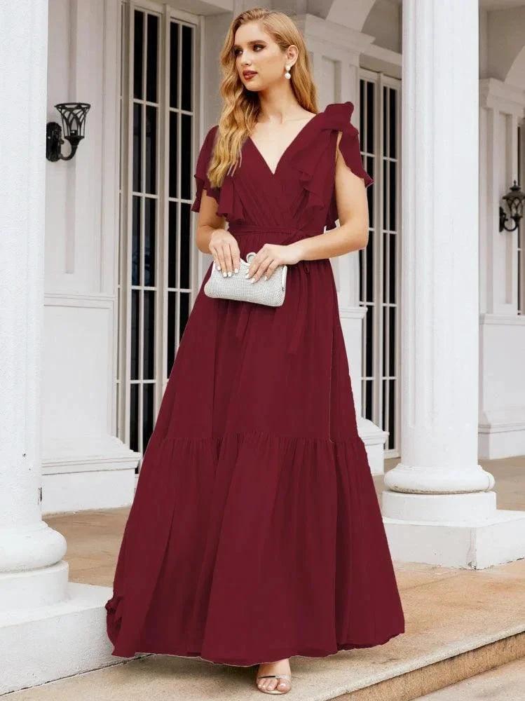 Numbersea Women's Open Back Formal Evening Party Prom Gowns V-Neck Long Chiffon Bridesmaid Dresses with Waist Belt 28038 by numbersea