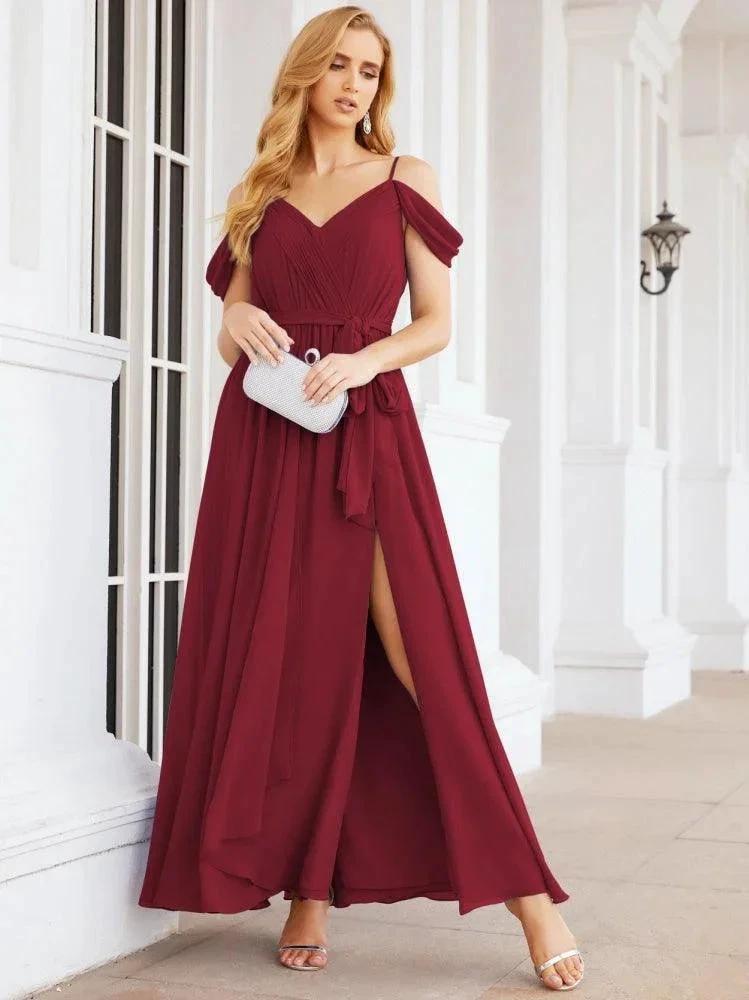 Numbersea Off The Shoulder Chiffon Bridesmaid Dress Long Formal Graduation Gown with Cowl Back 28069 by numbersea