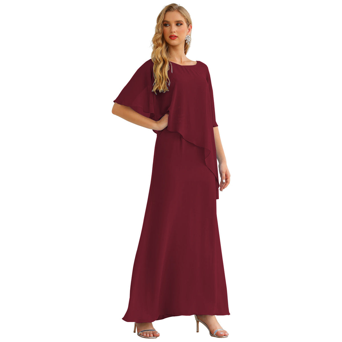 Sunnderly Chiffon Plus Size Mother of The Bride Dresses Formal Prom Gown Ruffle Cape - View 9 | VelvetHem