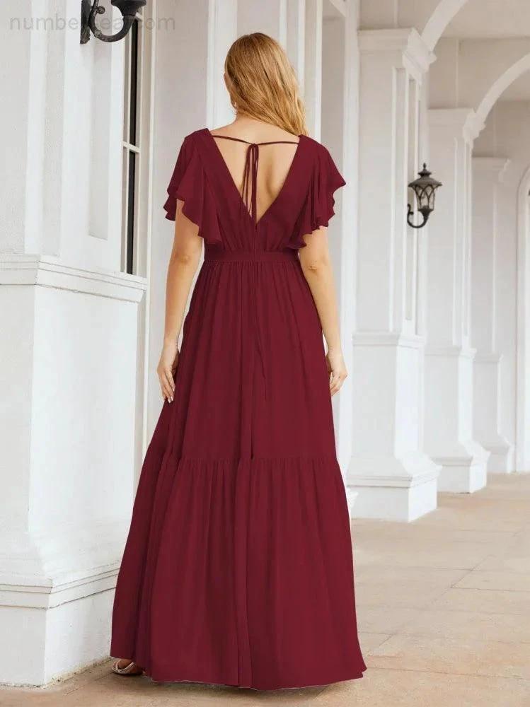ZapDress Women's Open Back Formal Evening Party Prom Gowns V-Neck Long Chiffon Bridesmaid Dresses with Waist Belt 28038 (ZD17000)