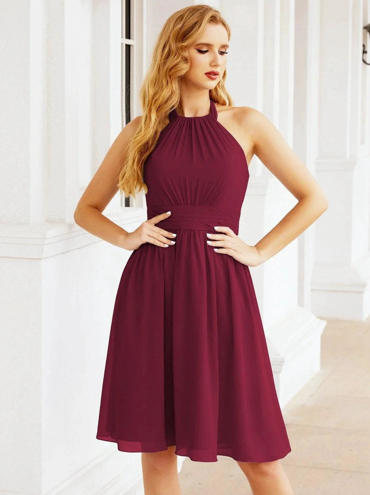 ZapDress Halter Chiffon Bridesmaid Dresses Short Sleeveless Formal Party Dress Open Back 28023 (ZD16957)
