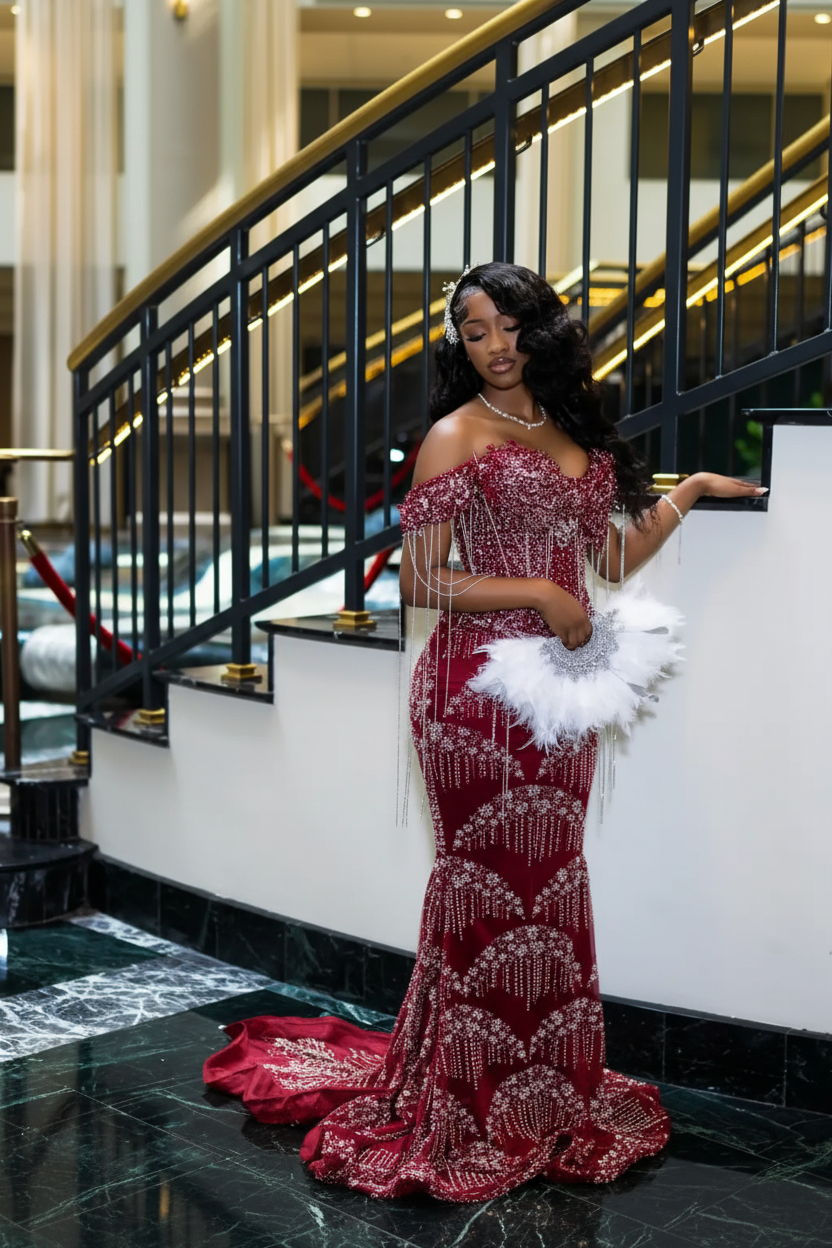 Luxury Glacial Silver Beaded Prom Dress – Crystal Fringe Mermaid Gown with Feather Accents | 2026 Couture Evening Collection (ZD17400)