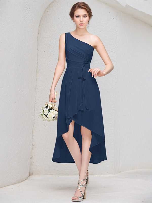 Dark Navy A Line One Shoulder Sleeveless Asymmetrical Chiffon Bridesmaid Dress