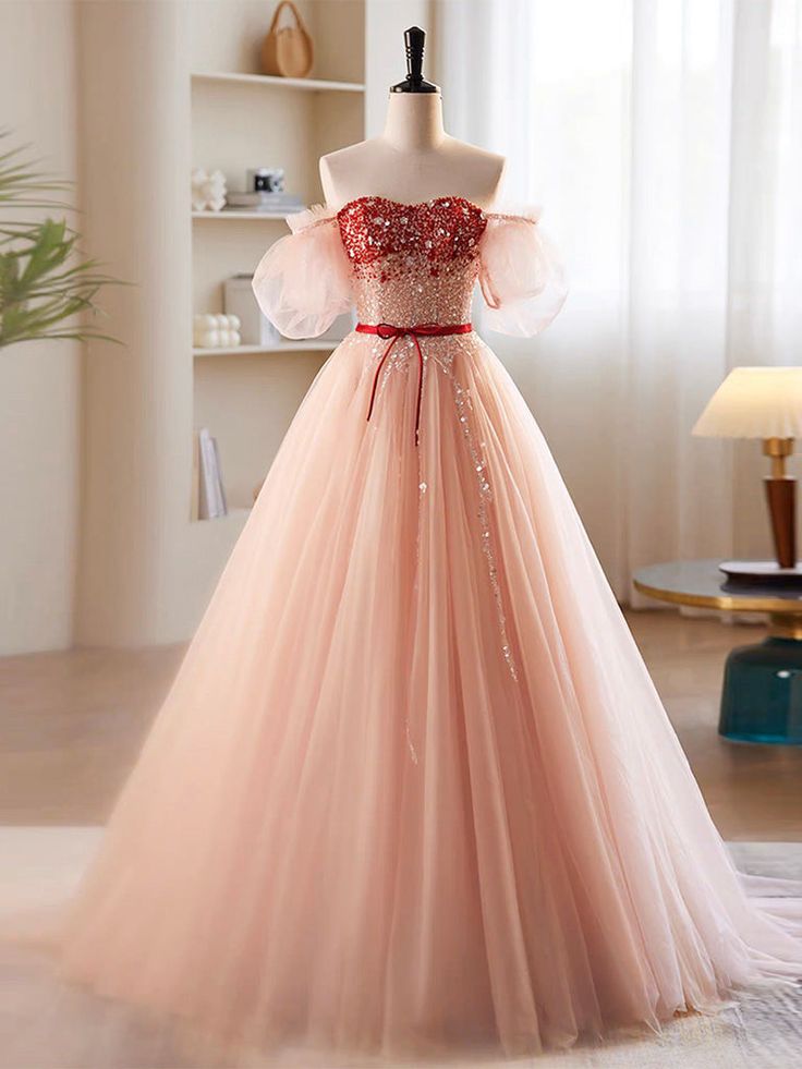 A-Line Sweetheart Neck Sequin Tulle Long Prom Dress, Formal Dress - FashionDia