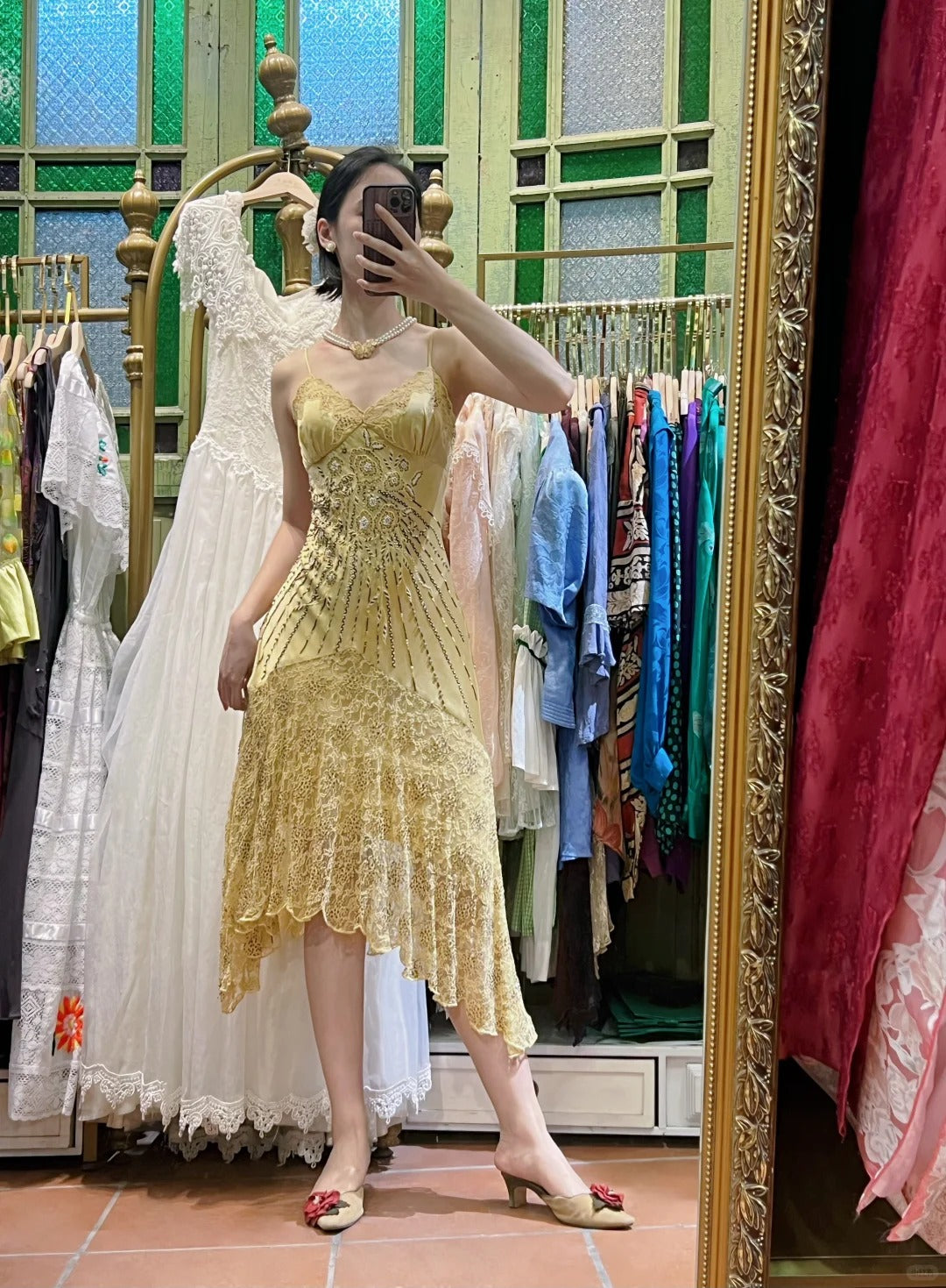 Retro Yellow Irregular Deep V Halter Lace Satin Prom Dress Evening Dress