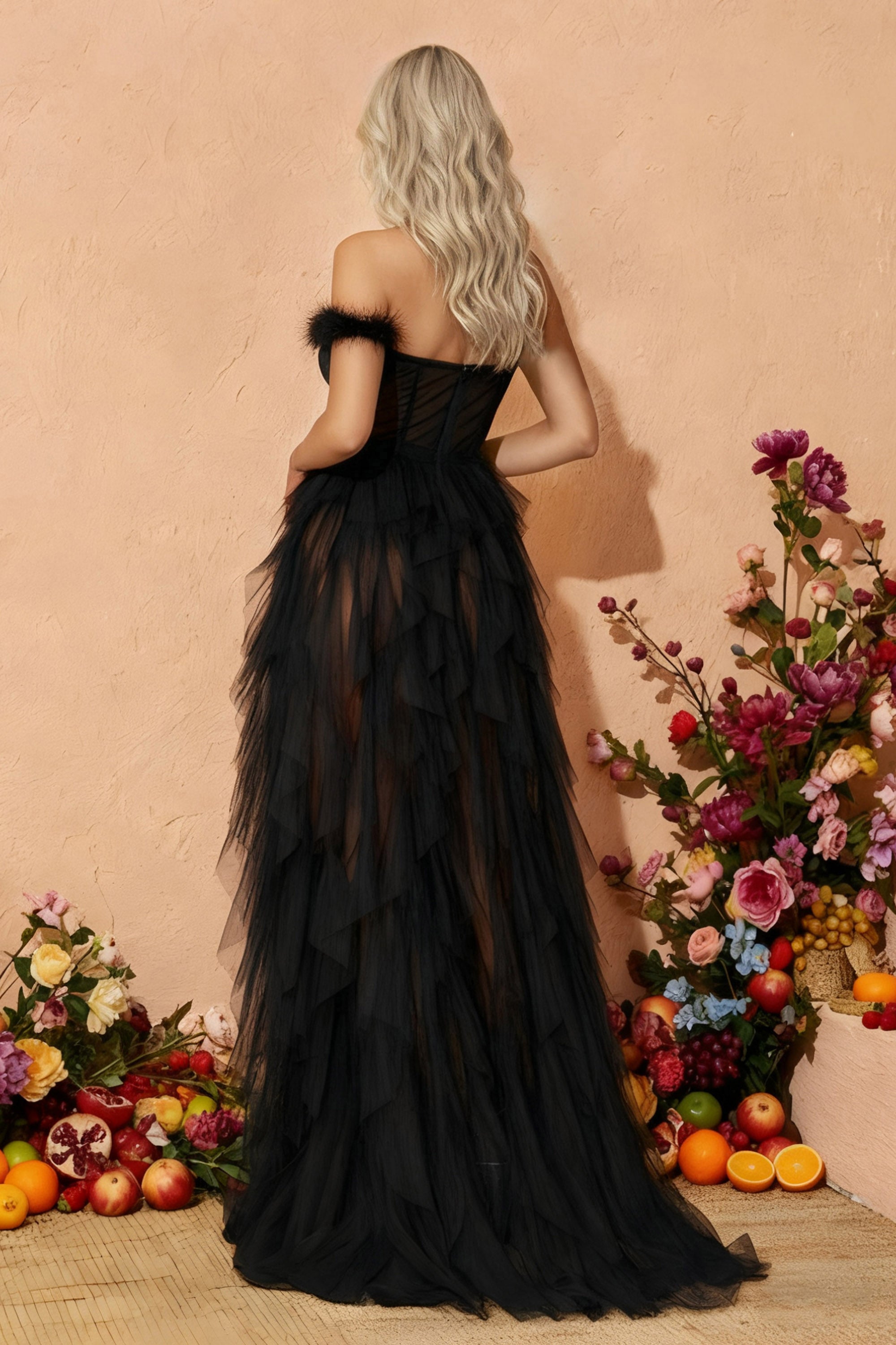 Off-Shoulder Corset Evening Gown with Tiered Ruffle Tulle Skirt