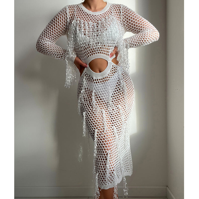 Hollow Out Cutout Knitted Sequin Tassel round Neck Cropped Outfit Long Sleeve Vacation Dress Swimsuit Blouse Sun Protection Clothing Dress Crochet hook