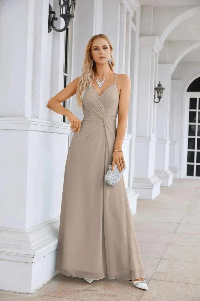 Ladies Chiffon Spaghetti Strap V Neck Front Slit Floor Length Bridesmaid Evening Dress Prom Party Wedding Evening Dress 28116 by numbersea