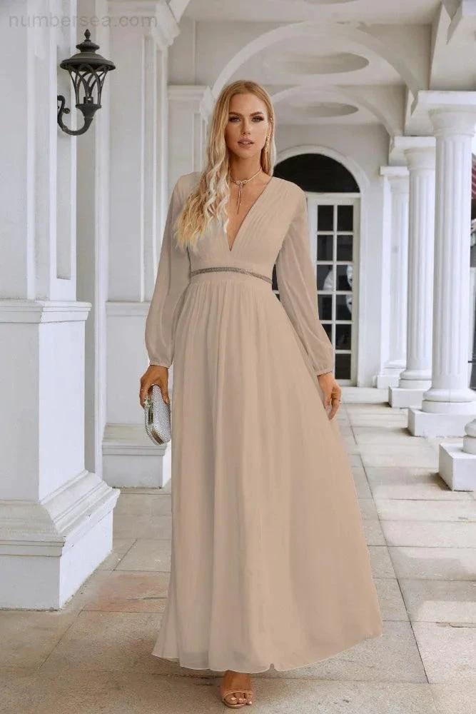 Ladies V Neck Chiffon Long Sleeve Front Slit Bridesmaid Evening Dress Wedding Party Shopping Evening Dress 28109 (ZD16991)