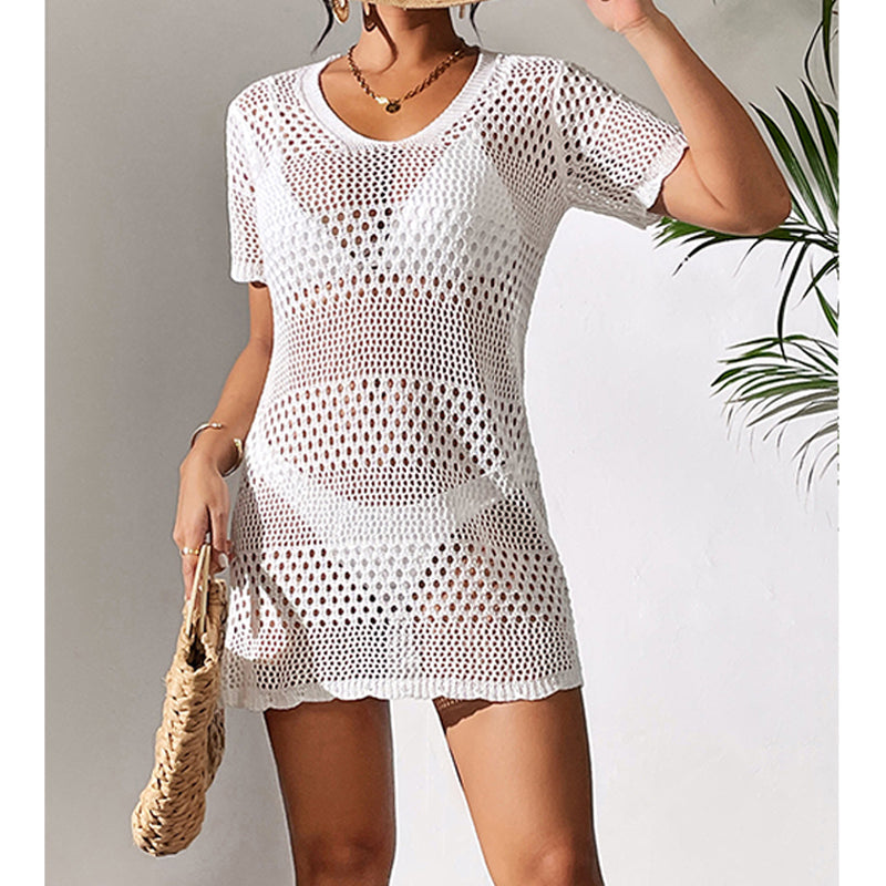 Women Clothes Sexy Cutout Short Sleeve Casual Bikini Cover Up Swimsuit Blouse Beach Sun Protection Shirt Crochet hook