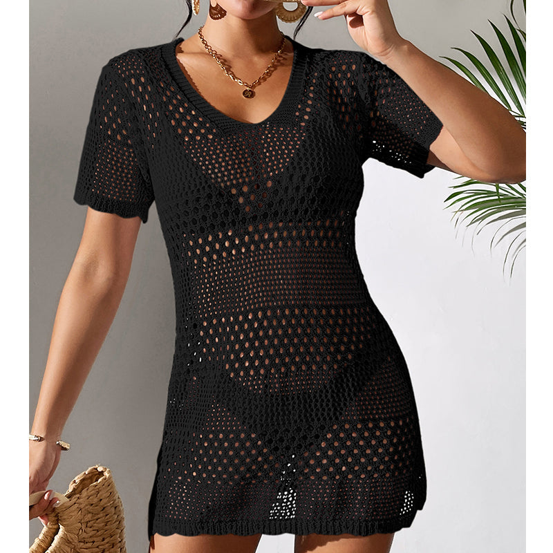 Women Clothes Sexy Cutout Short Sleeve Casual Bikini Cover Up Swimsuit Blouse Beach Sun Protection Shirt Crochet hook