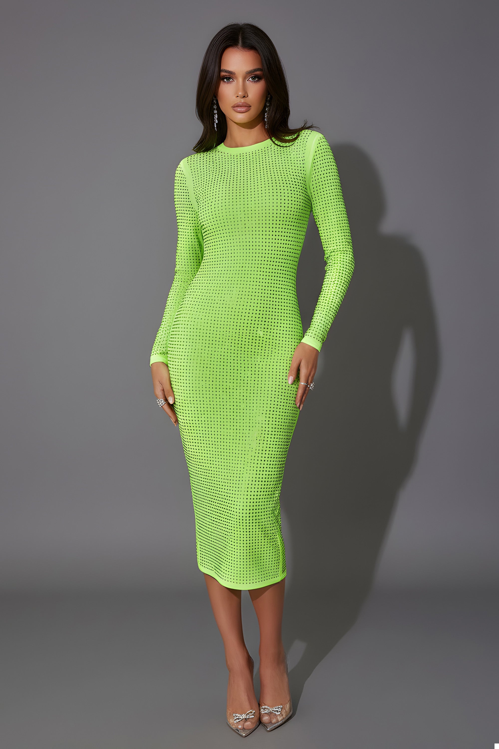 Long Sleeve Rhinestone Midi Bodycon Dress with Crew Neckline