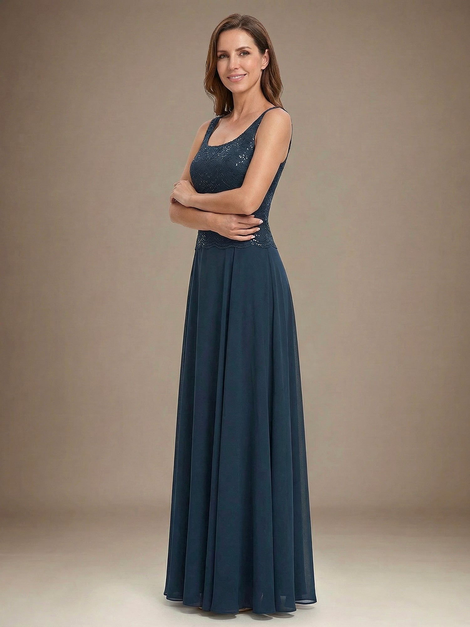A-line Square Floor-Length Lace Chiffon Mother of the Bride Dress With Sequins