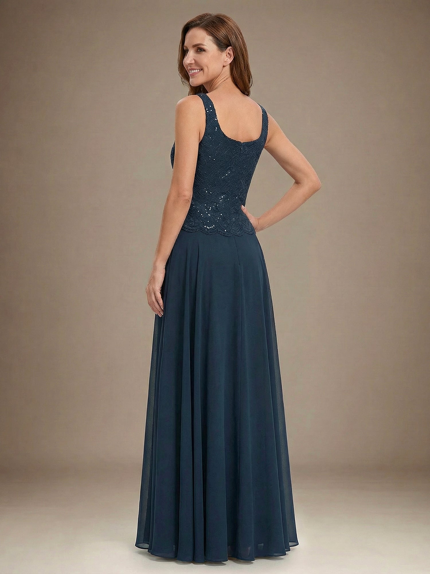 A-line Square Floor-Length Lace Chiffon Mother of the Bride Dress With Sequins