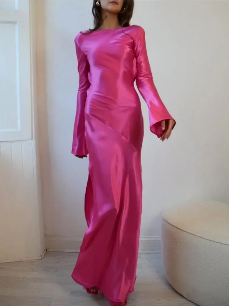 TARUXY Satin Side Slit Dress Women Elegant Party Loose Backless Long Dresses For Lady Club Solid Temperament Evening Dress Femme - View 6 | VelvetHem