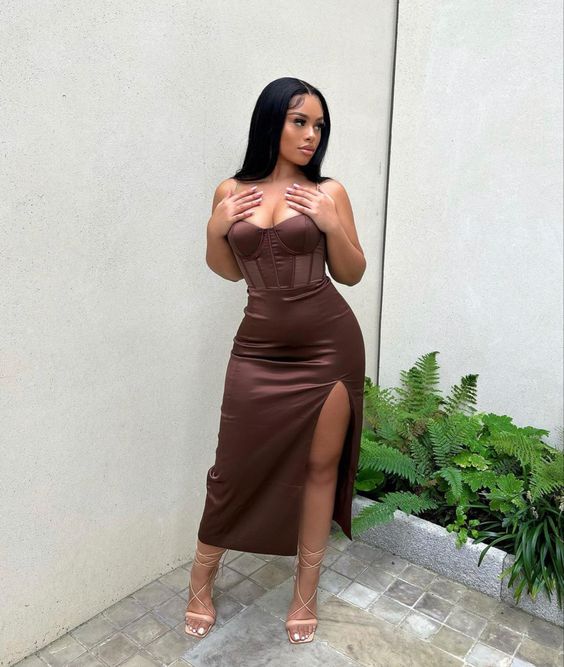 Simple Pure Color Party Dress Brown Prom Dress With Side Split