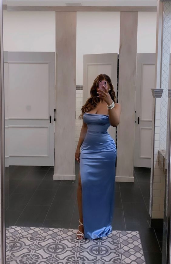 Blue Mermaid Long Prom Dress Charming Evening Dress With Side Slit