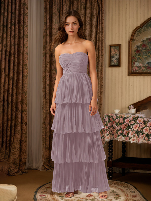 Burgundy A-Line Sweetheart Floor Length Tiered Chiffon Bridesmaid Dress