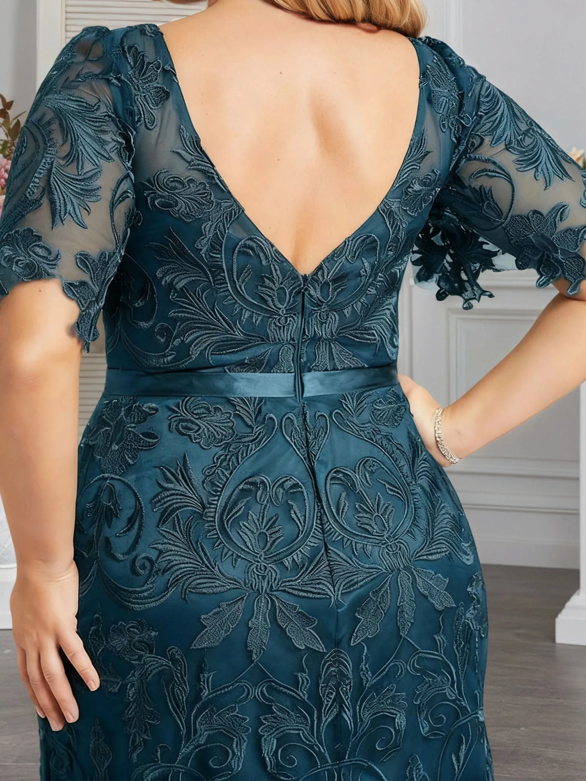 A-line Scoop Neck Floor-Length Lace Evening Dress With Appliques - View 13 | FashionDia