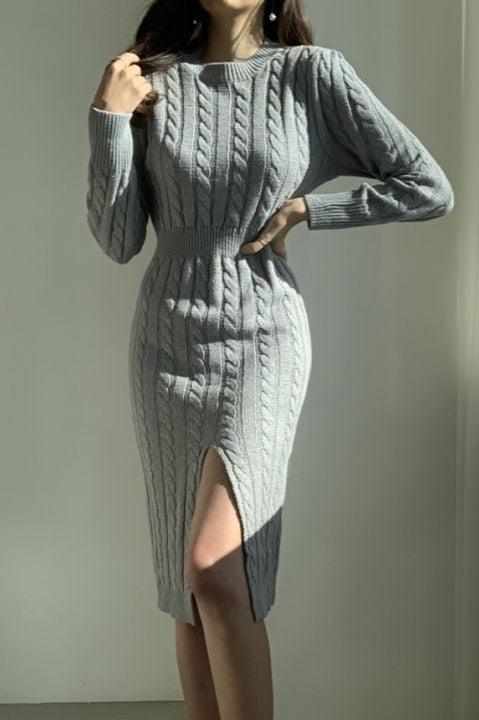 Ribbed Reversible Crewneck Split Hem Sweater Dress - VelvetHem
