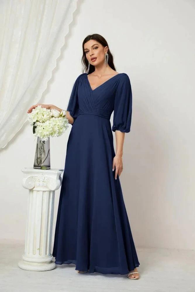 Numbersea Formal Prom Gown Women V-Neck Chiffon Bridesmaid Dresses Long Bishop Sleeve Party Dress 2807 by numbersea