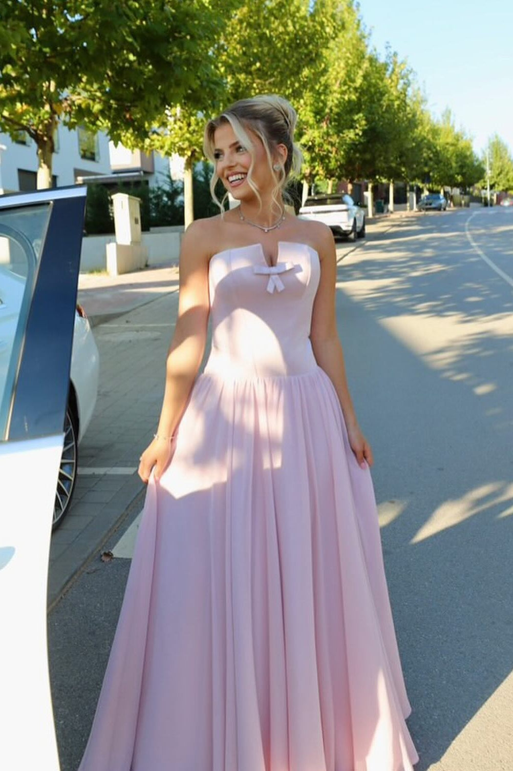 A Line Strapless Pink Corset Long Prom Dress with Bowknot - FashionDia