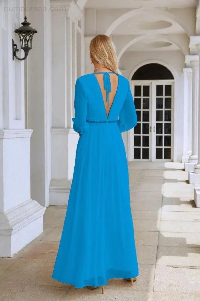 Ladies V Neck Chiffon Long Sleeve Front Slit Bridesmaid Evening Dress Wedding Party Shopping Evening Dress 28109 (ZD16991)