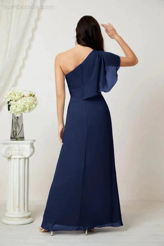 ZapDress  Chiffon Ruffled One Shoulder Long Bridesmaid Dresses A-line Formal Evening Gown Side Split 2809 (ZD17049)