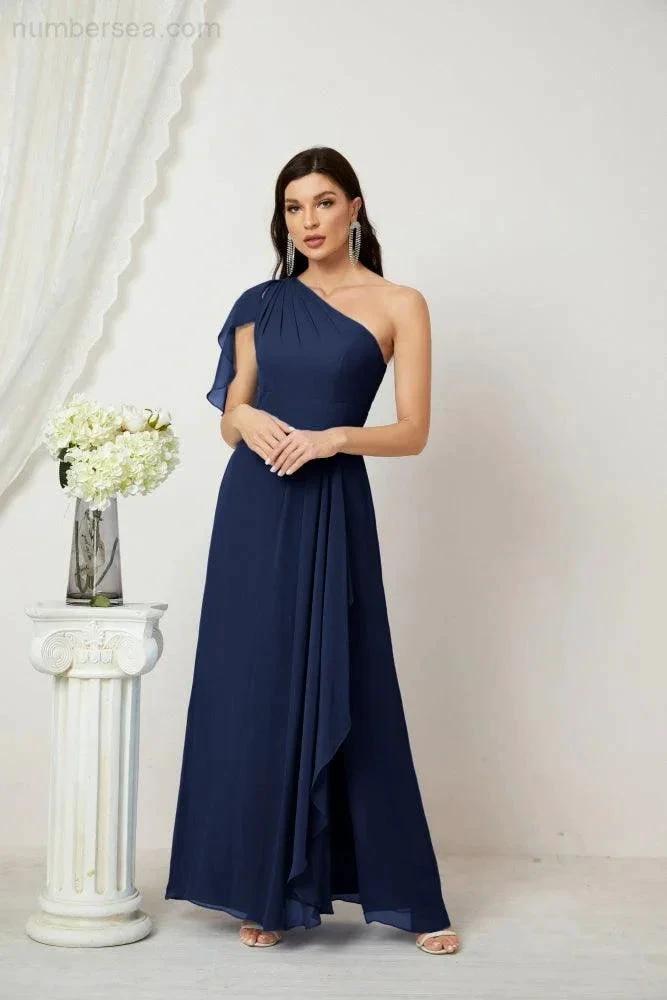ZapDress  Chiffon Ruffled One Shoulder Long Bridesmaid Dresses A-line Formal Evening Gown Side Split 2809 (ZD17049)