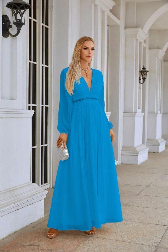 Ladies V Neck Chiffon Long Sleeve Front Slit Bridesmaid Evening Dress Wedding Party Shopping Evening Dress 28109 (ZD16991)