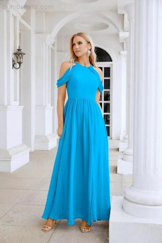 Ladies Chiffon Off Shoulder Swing Sleeve Front Slit Bridesmaid Evening Dress Wedding Party Evening Dress 28117 (ZD17011)