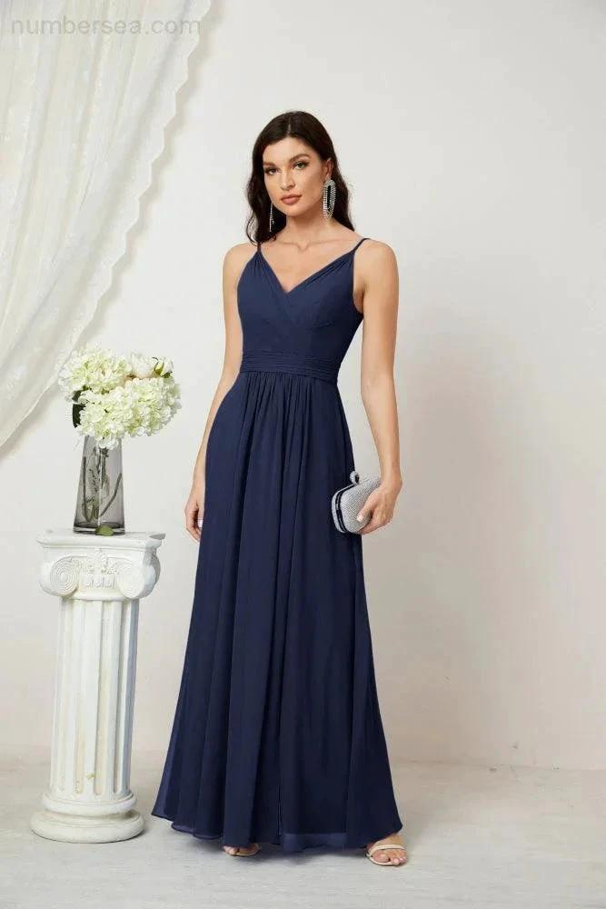 ZapDress Chiffon V-Neck Bridesmaid Dress Spaghetti Strap Long Formal Party Prom Gowns with Slit 28010 (ZD17028)