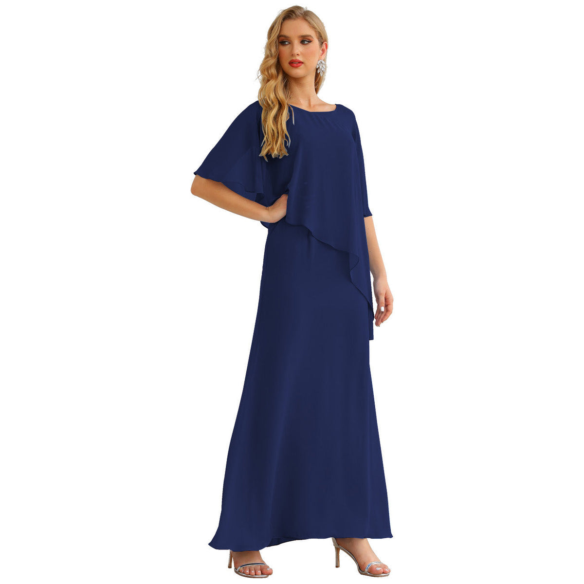 Sunnderly Chiffon Plus Size Mother of The Bride Dresses Formal Prom Gown Ruffle Cape - View 10 | VelvetHem