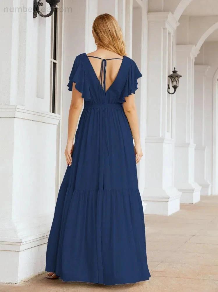 ZapDress Women's Open Back Formal Evening Party Prom Gowns V-Neck Long Chiffon Bridesmaid Dresses with Waist Belt 28038 (ZD17000)