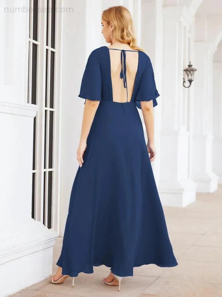 ZapDress V-Neck Bridesmaid Dress Chiffon Long Open Back Formal Dresses for Women Party Evening 28067 (ZD17046)
