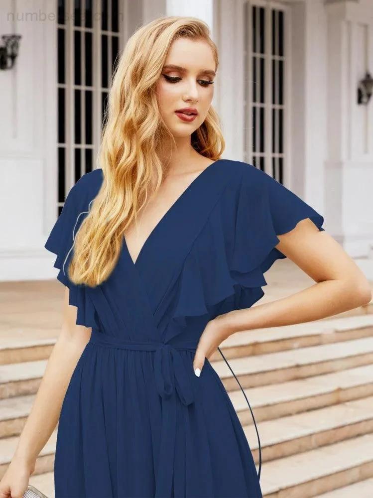 ZapDress Women's Open Back Formal Evening Party Prom Gowns V-Neck Long Chiffon Bridesmaid Dresses with Waist Belt 28038 (ZD17000)